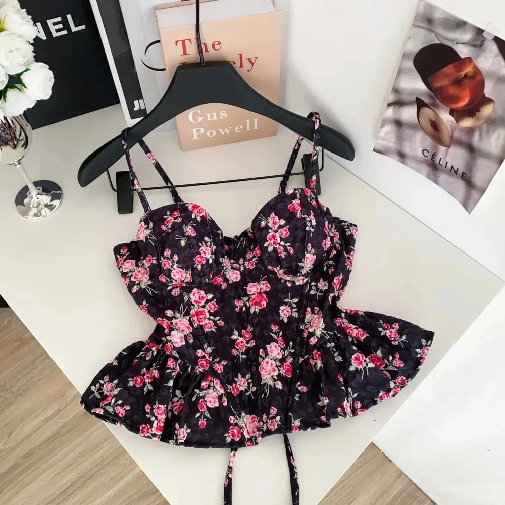 เซ็กซี่ Slim Corset ruffle พิมพ์เกาหลี Camis Tank Top Basic แฟชั่นปิดไหล่ฤดูร้อนเสื้อผ้าผู้หญิง — image 5