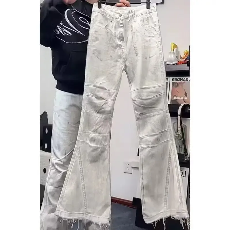 Women American Retro Y2K Flare Jeans White Washed Patchwork Y2K Vintage Hrajuku Punk High Waist Slim Streetwear Denim Pants — image 3