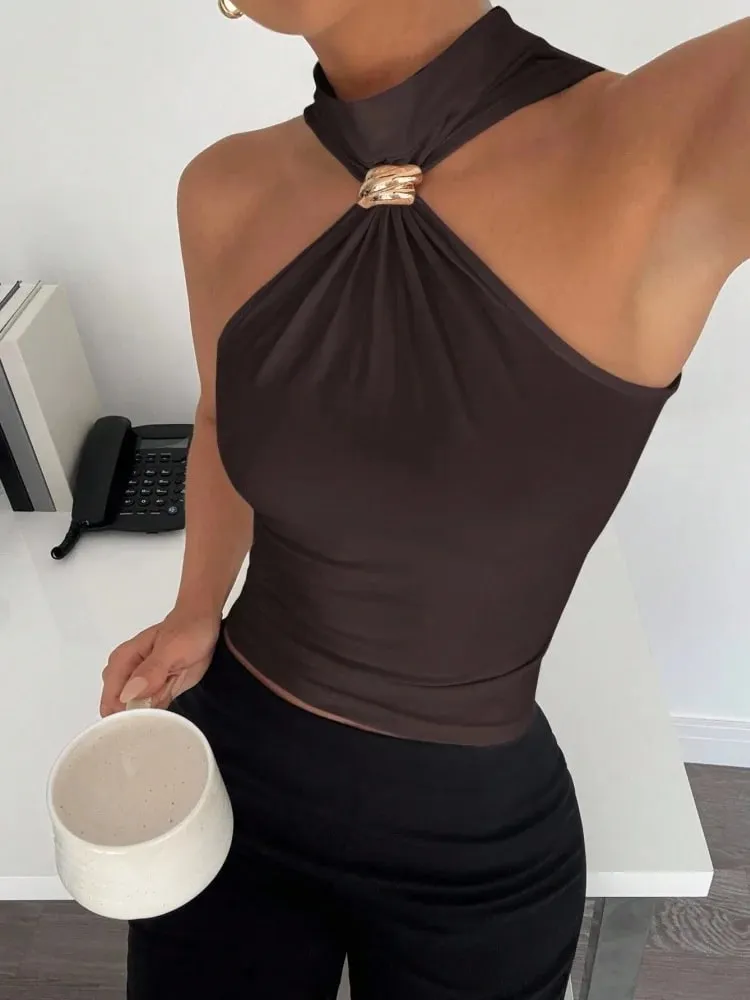 Metal Ring Decor Twist Knot Sleeveless Tank Top for Women Summer Casual Elegant Office Style Halter Neck Slim Fit Crop Top — image 2