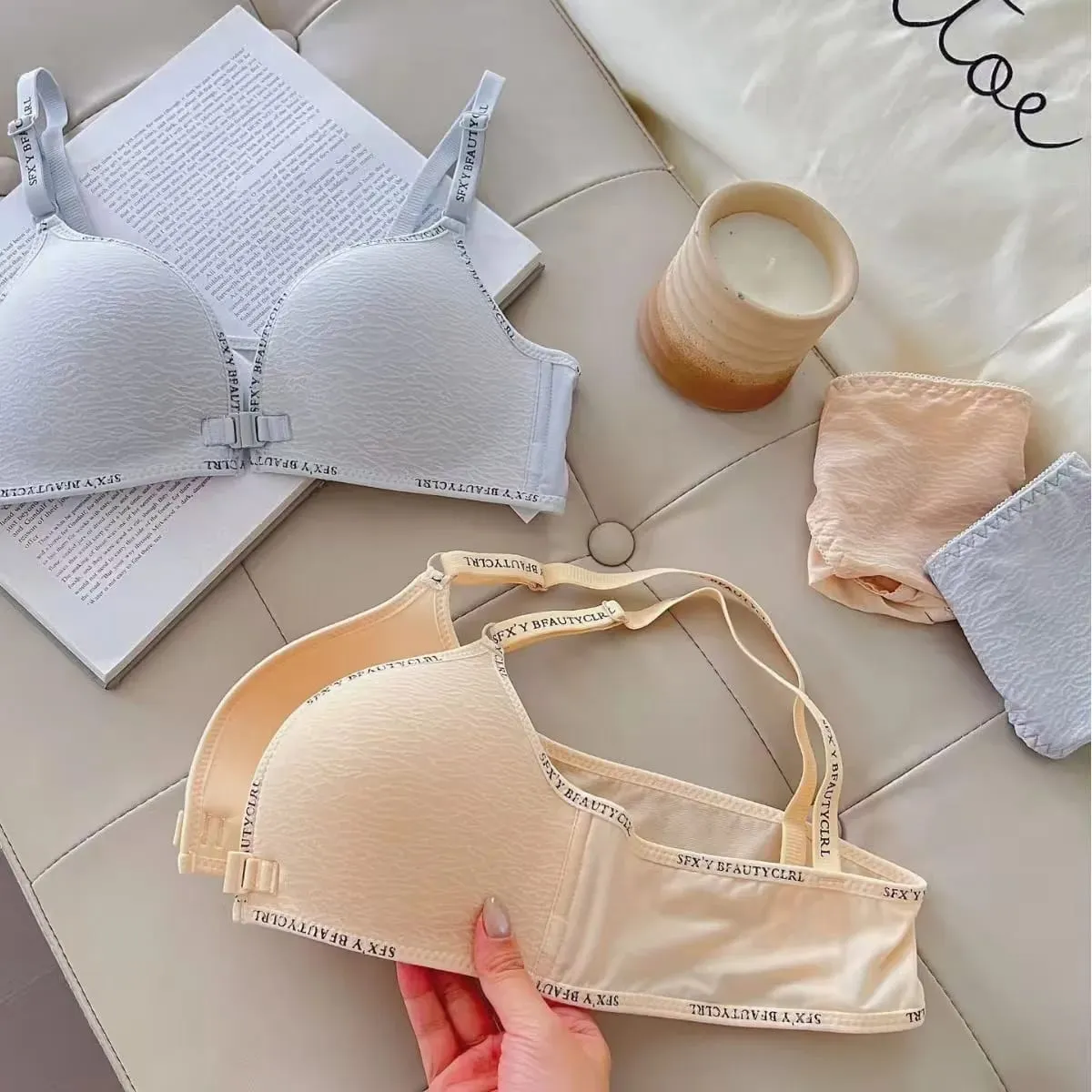Sexy Push-Up-Dessous-Set mit Frontverschluss für kleine Brüste, bequemer dünner BH ohne Stahlring-Buchstaben-Schultergurte — image 4