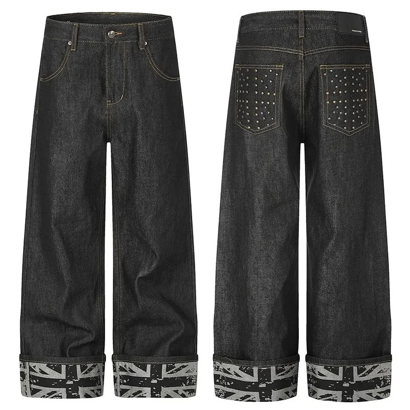 Men Raw Denim Wide‑Leg Jeans Rivet Decor Back Pockets Cuffed Hem Print Punk Streetwear Straight Long Pants 9X4317
