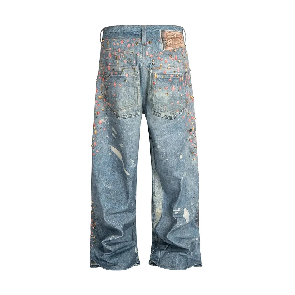 3D Printed Full Diamond Jeans for Men Straight Washed Distressed Shinning Diamon Denim Trousers Hip Hop Loose Baggy Jean Pants
