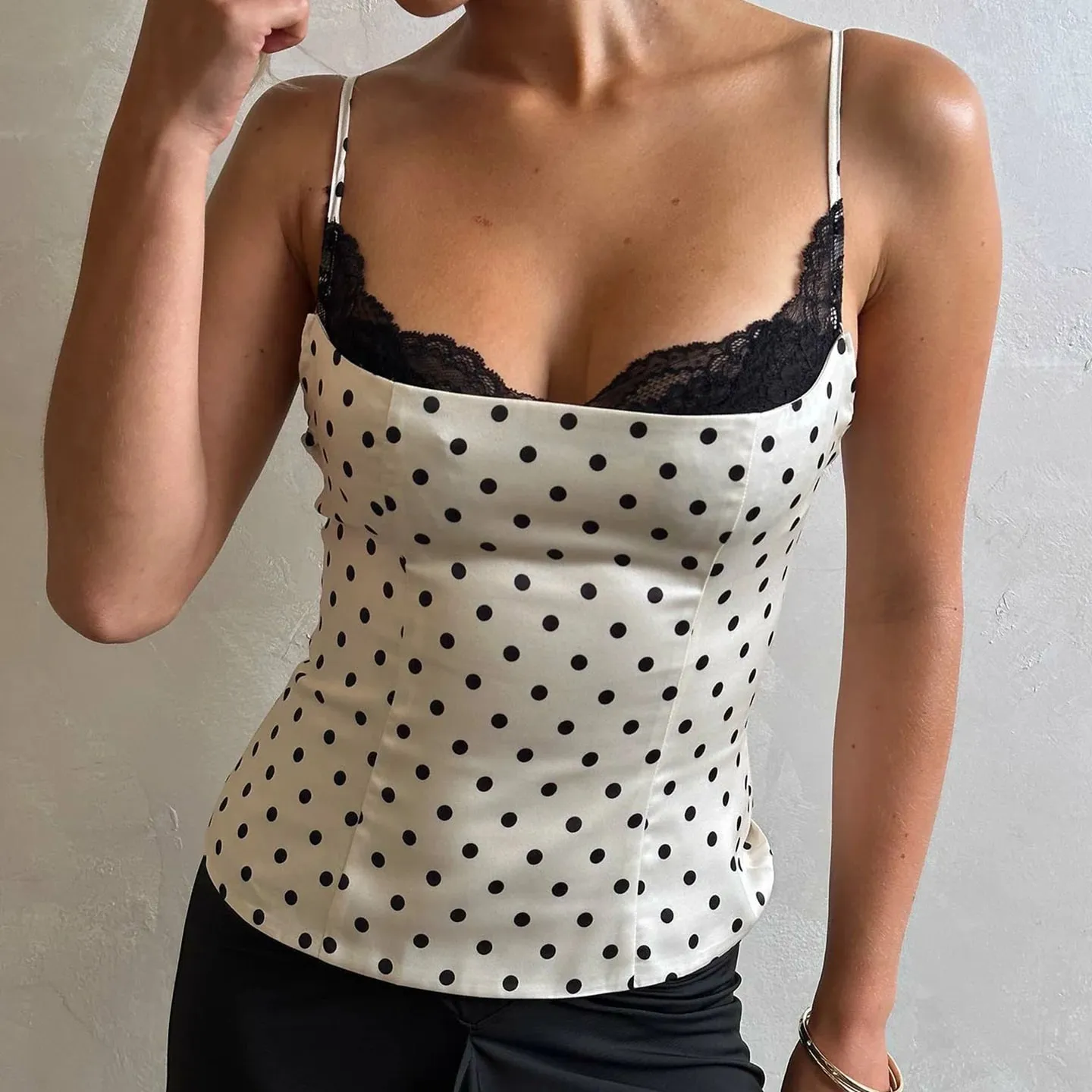 Chic Lace Patchwork Polka Dot Camis Tops Elegant Sleeveless Tank Tops Summer Casual Daily Wear Streetwear Camisole 2026 — image 2