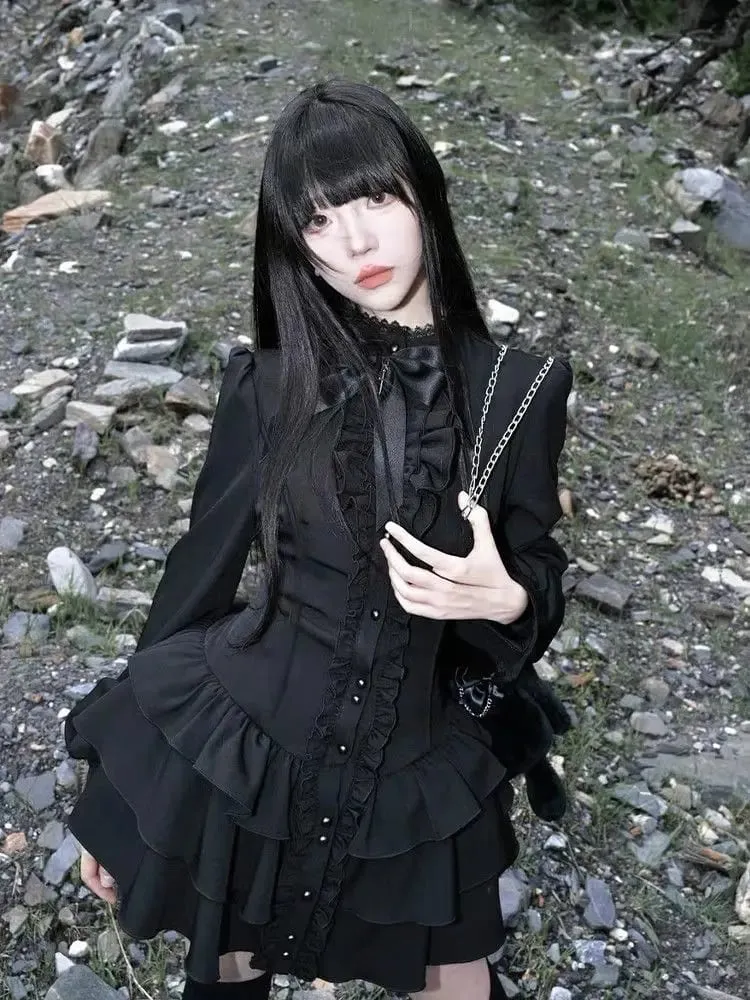 Gothic Vintage Lace Y2k Mini Dress Women Design Streetwear Black Lolita Slim Dress Long Sleeve Elegant Dress Spicy Girls — image 2