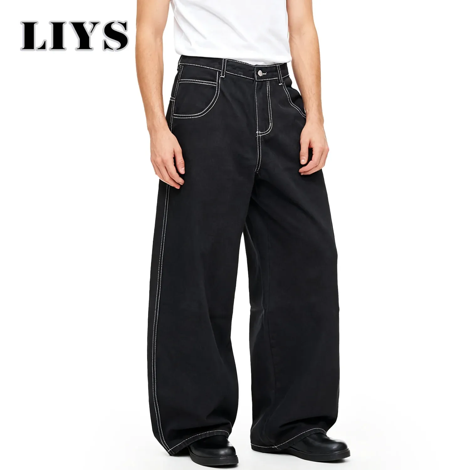 Spring Summer Men's Retro Black Baggy Wide Leg Jeans American Basic Unisex Daily Casual Denim Pants Women's Black Stacked Jeans