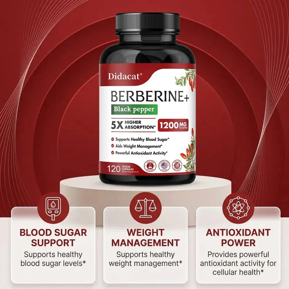 1200 mg Premium-Berberin-Ergänzungskapseln unterstützen das Immunsystem, Herz-Kreislauf, Herz und Magen-Darm-Wohlbefinden