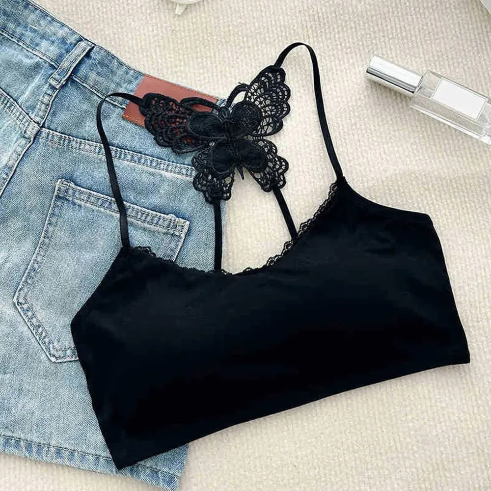 Flattering Slim Crop Top Women Lace Butterfly Back Cami Top Padded Built Bra Spaghetti Strap Sleeveless Tank Inner Underwear