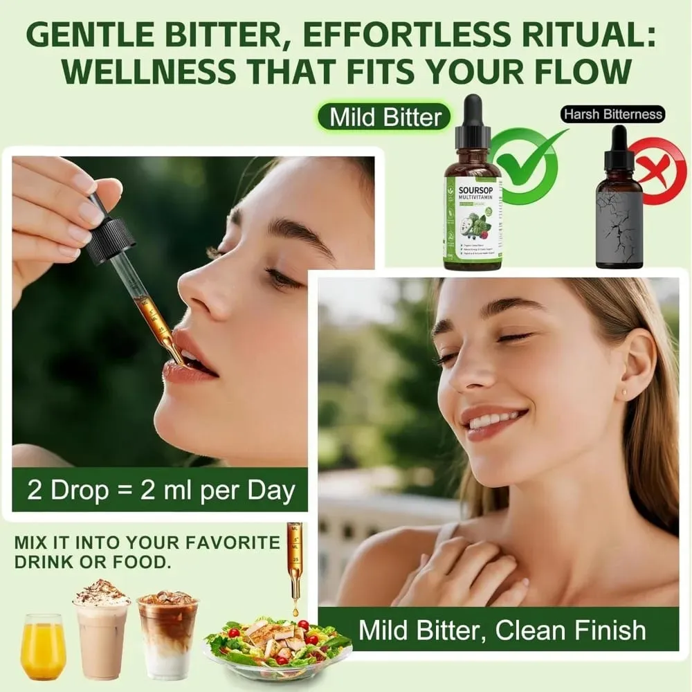 Corossol liquide gouttes extrait de plantes supplément à base de plantes avec mélange de fruits et de feuilles de corossol formule de bien-être quotidienne végétalienne