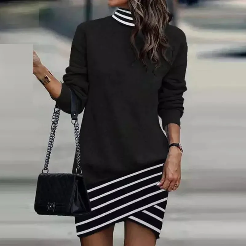 Women Striped Patchwork High Neck Sweatshirt Dress Long Sleeve Irregular Hem Casual Loose Mini Dress — image 2