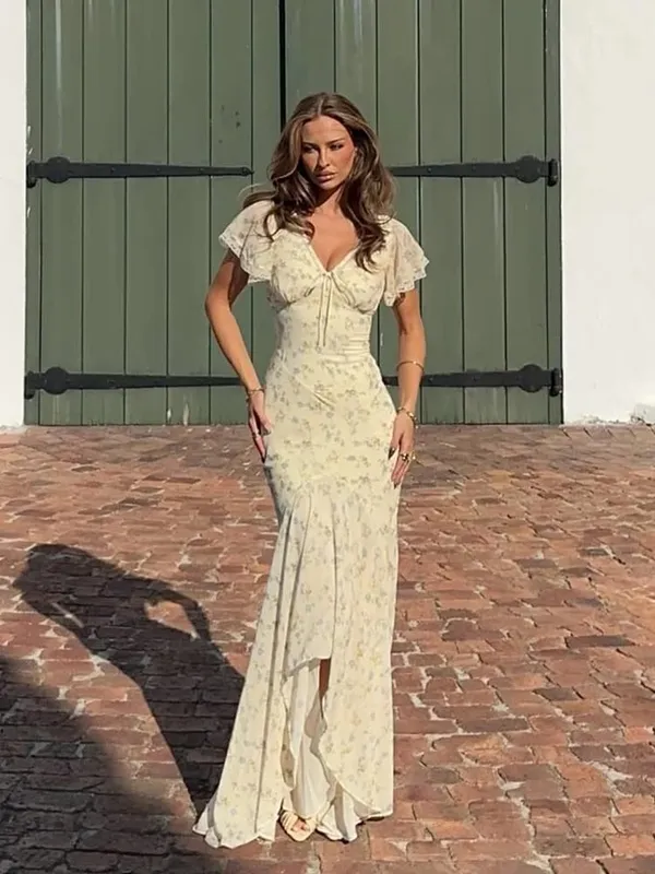 Women Floral Print Chiffon Maxi Dress Romantic Deep V-neck Flutter Sleeve High Low Lace Trim Dress 2026 Summer Elegant Lady Gown