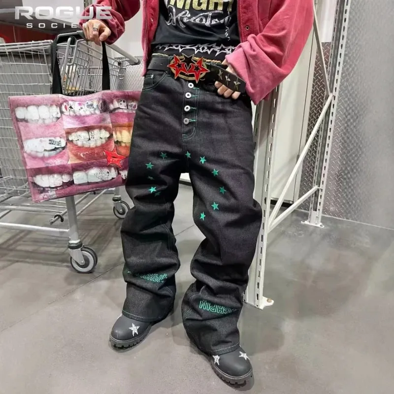 American High Street Y2K Vintage Jeans Men Harajuku Button Fly Star Embroidery Wash Baggy Denim Pants Streetwear Hip Hop Unisex