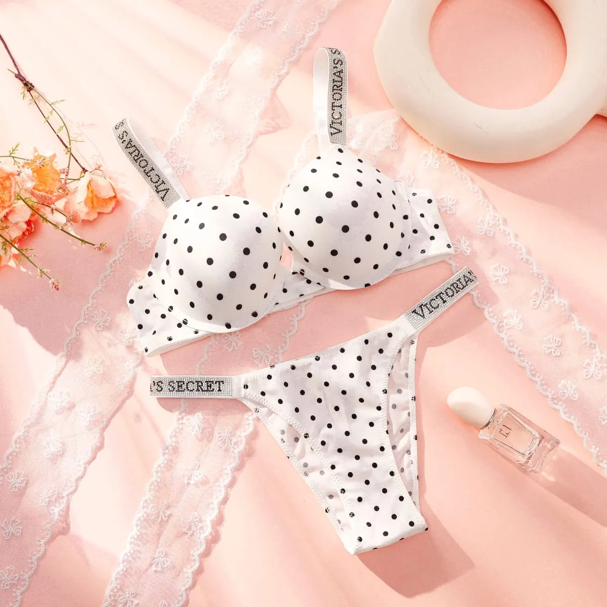 Victoria Secret Sexy Lingerie Sleepwear Plus Size Comfortable Luxury New Women Polka Dot Lace Push Up Bra And Panty Set — image 3