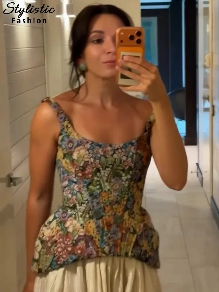 Chic Print Flower Slim Top Women Sleeveless Slash Neck Sling Backless Zipper Vest Female 2026 Fashion Summer Autumn Lady Tops — image 2