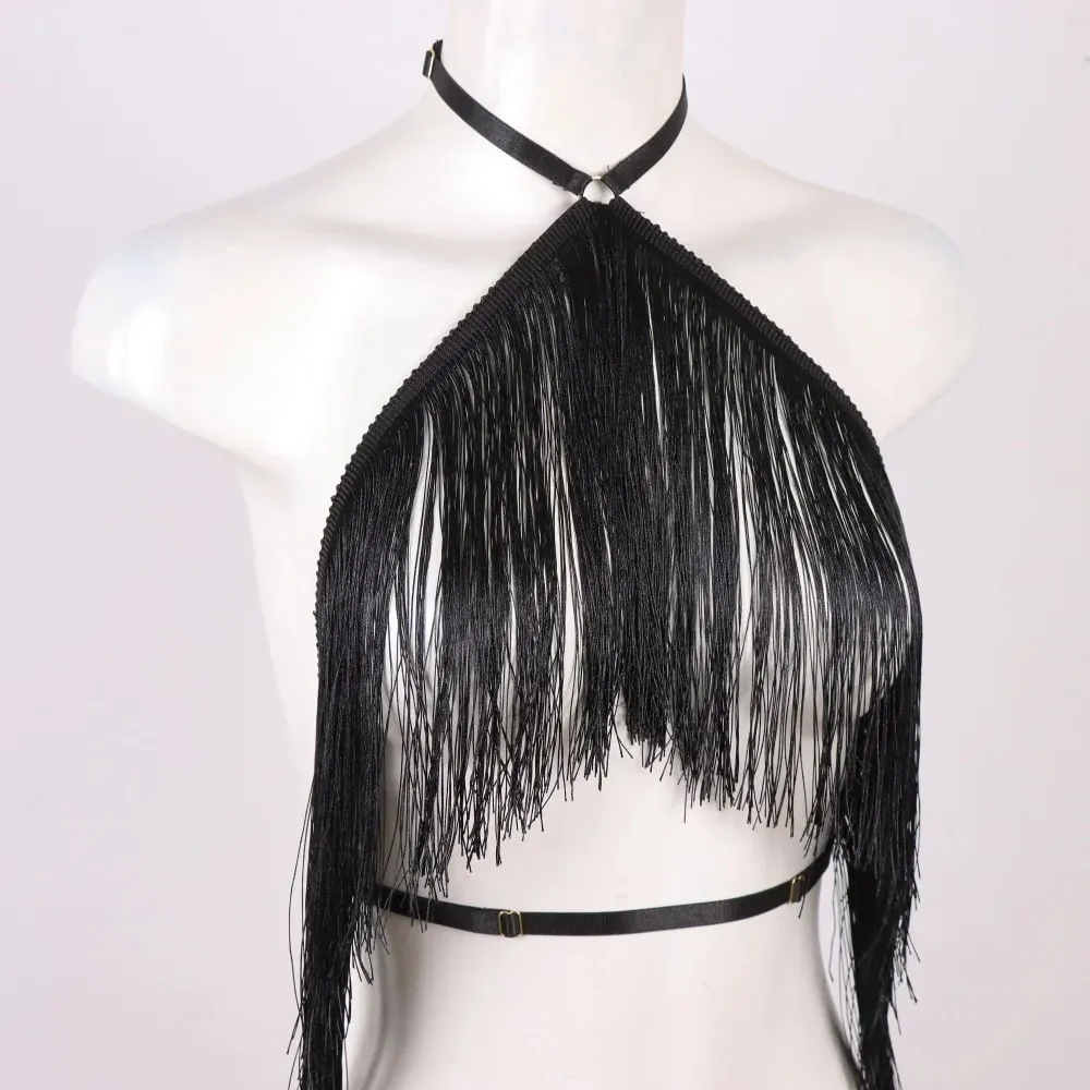 Women'S Black Tassel Halter Top-Adjustable Elastic Harness All-Season Wear Casual Attire Top Tassel Detail Top — image 4