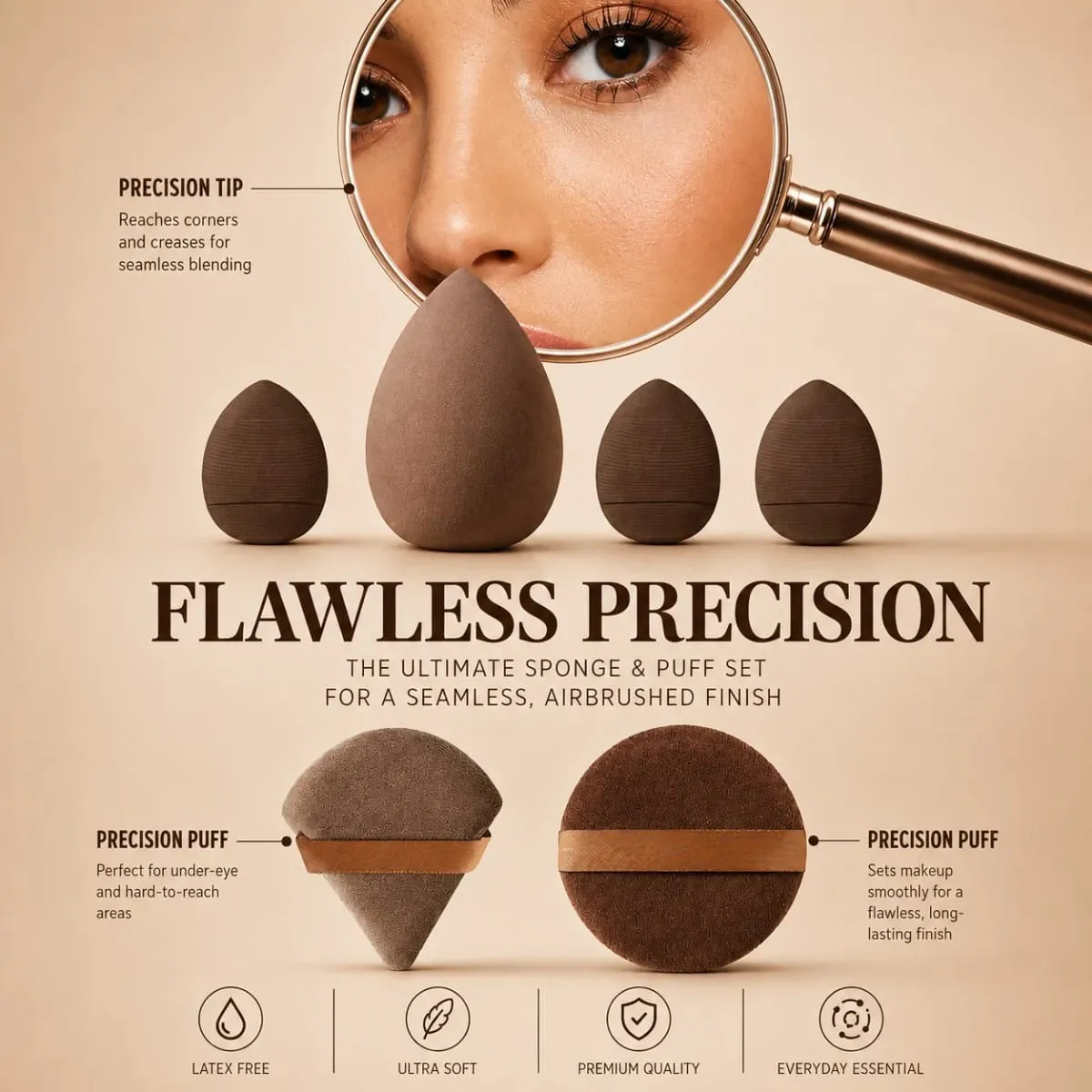 12dílná sada štětců na make-up se 6 plochými a kulatými štětci a 6 houbičkami na podkladovou pudrovou tvářenku a oční stíny