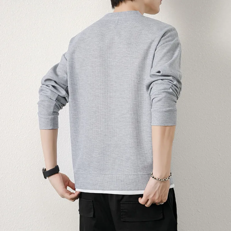 Loose for Fit Plaid Sweatshirt for Men with Long Sleeves Round Neck and Fake Two-Piece Visual Design for Everyday Use — image 22