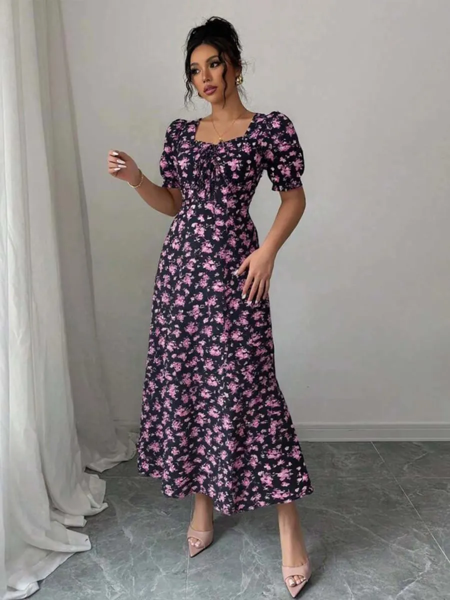 Women's Summer Maxi Dress Elegant Casual Puff Sleeve Square Neck Black Floral Print Long Evening Gown for Women — image 5