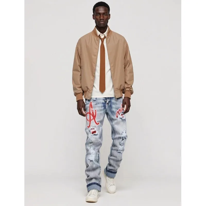 Men's Hip-Hop Style Distressed Holes Jeans Wash Ripped Pants with Red Embroidered Patches Casual Trendy Streetwear Trousers — image 3