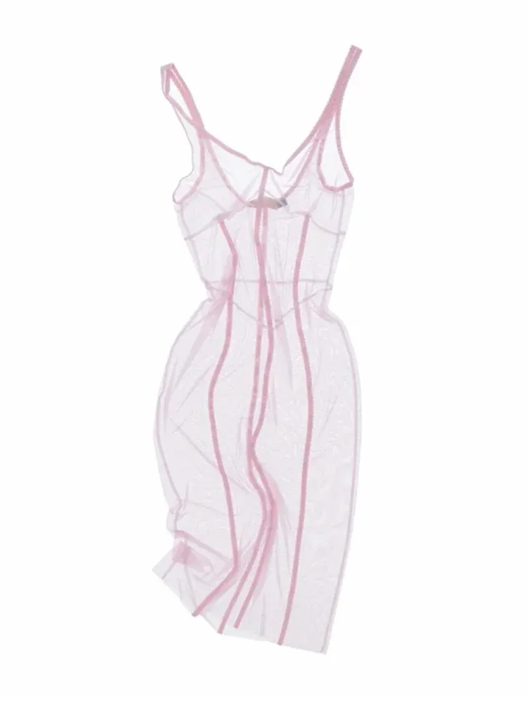 Lace Patchwork Sling Dress And Mesh Midi Cover-up See Through Sleeveless Spaghetti Strap Dresses Women 2026 Summer Sexy Chic Fit — image 4