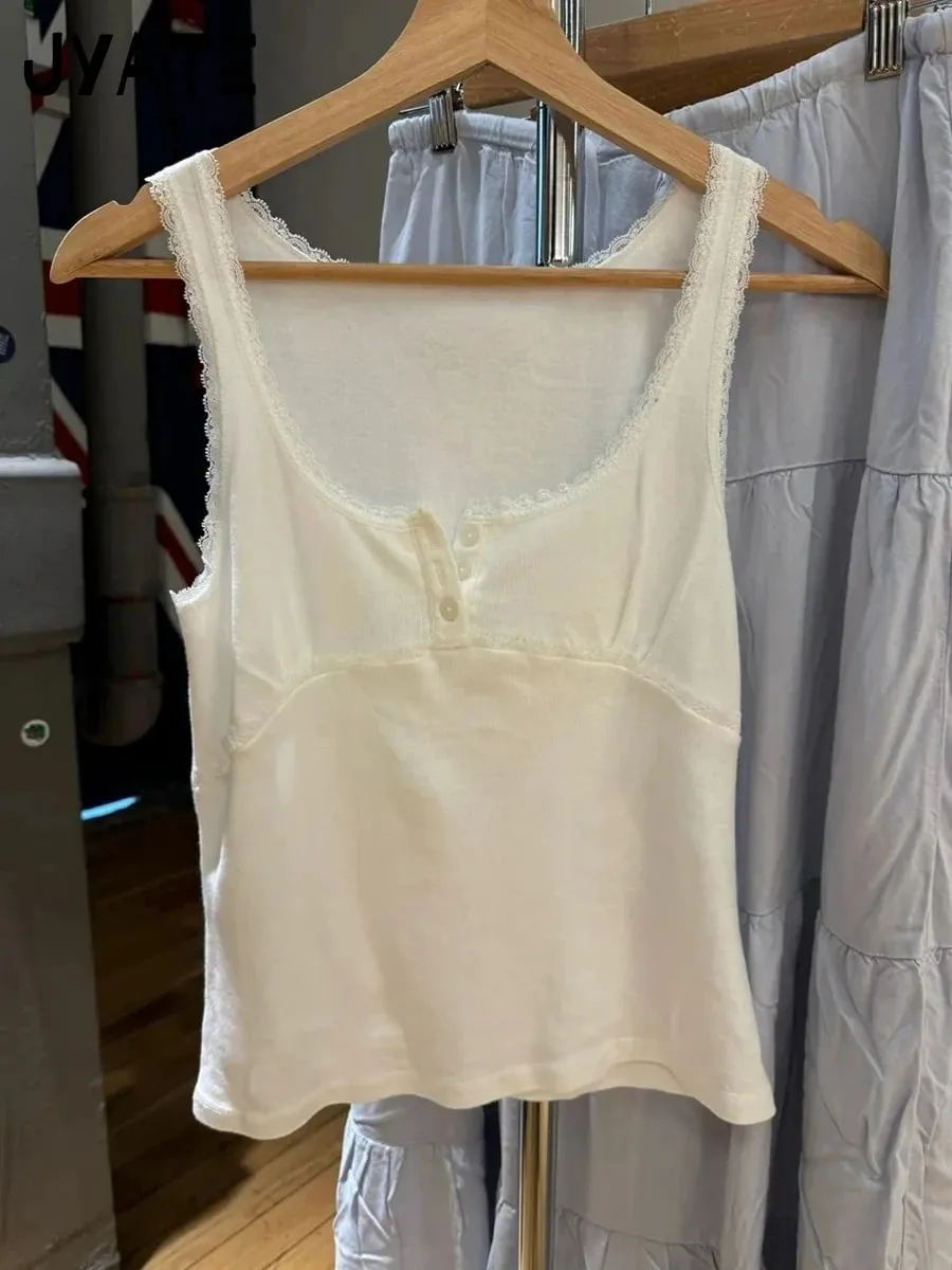 Süße Spitze Patchwork Schlank Tank Tops Frauen Sommer Weiß Sexy Einfache Baumwolle Weiche Ärmellose Westen Weibliche Vintage Chic Y2K Leibchen — image 12