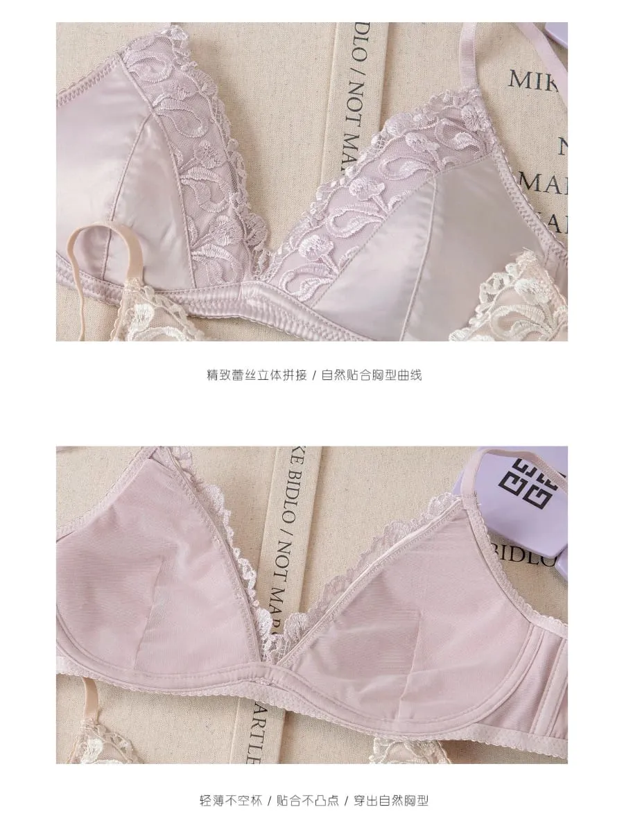 French Style Lingerie Set for Women Thin Non-Wired Triangle Cup Bra Lace & Embroidery Design