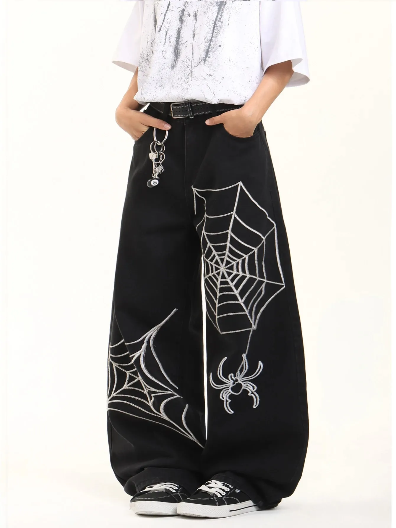 Men's Versatile Jeans Men's Baggy Wide Pants American High Street Style Spider Web Embroidered Men's Trousers All Seasons