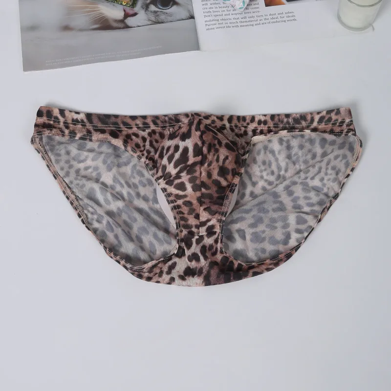 Men Sexy Briefs Underwear Mesh Sheer Ultra-Thin Underpants Big Penis Pouch See Through Panties Leopard Bikini — image 2