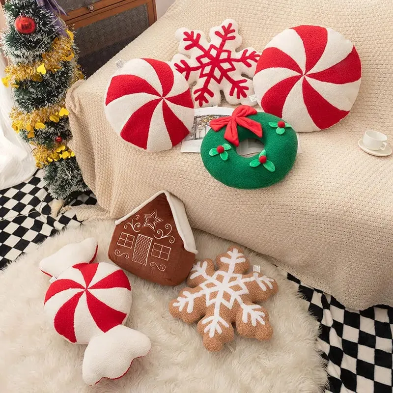Christmas Day Plush Decor Pillow Stuffed Wreath Snowflake White Red Round Candy Soft Seat Cushion Party Prop Decor Gift — image 7