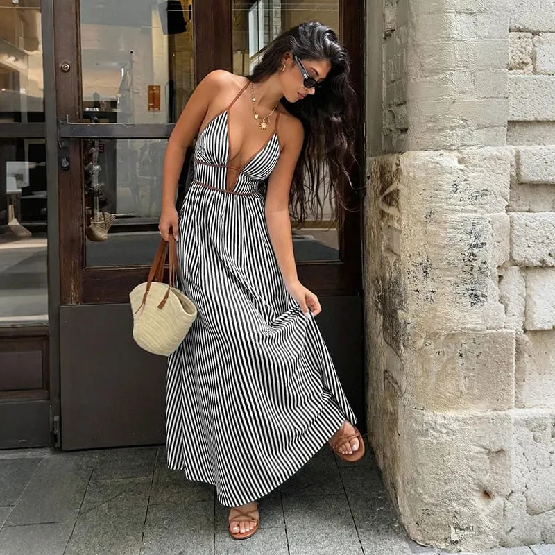 2026 Summer New Style Deep V-neck Striped Beach Dress Sexy Backless Sleeveless Neckline Long Dress — image 4