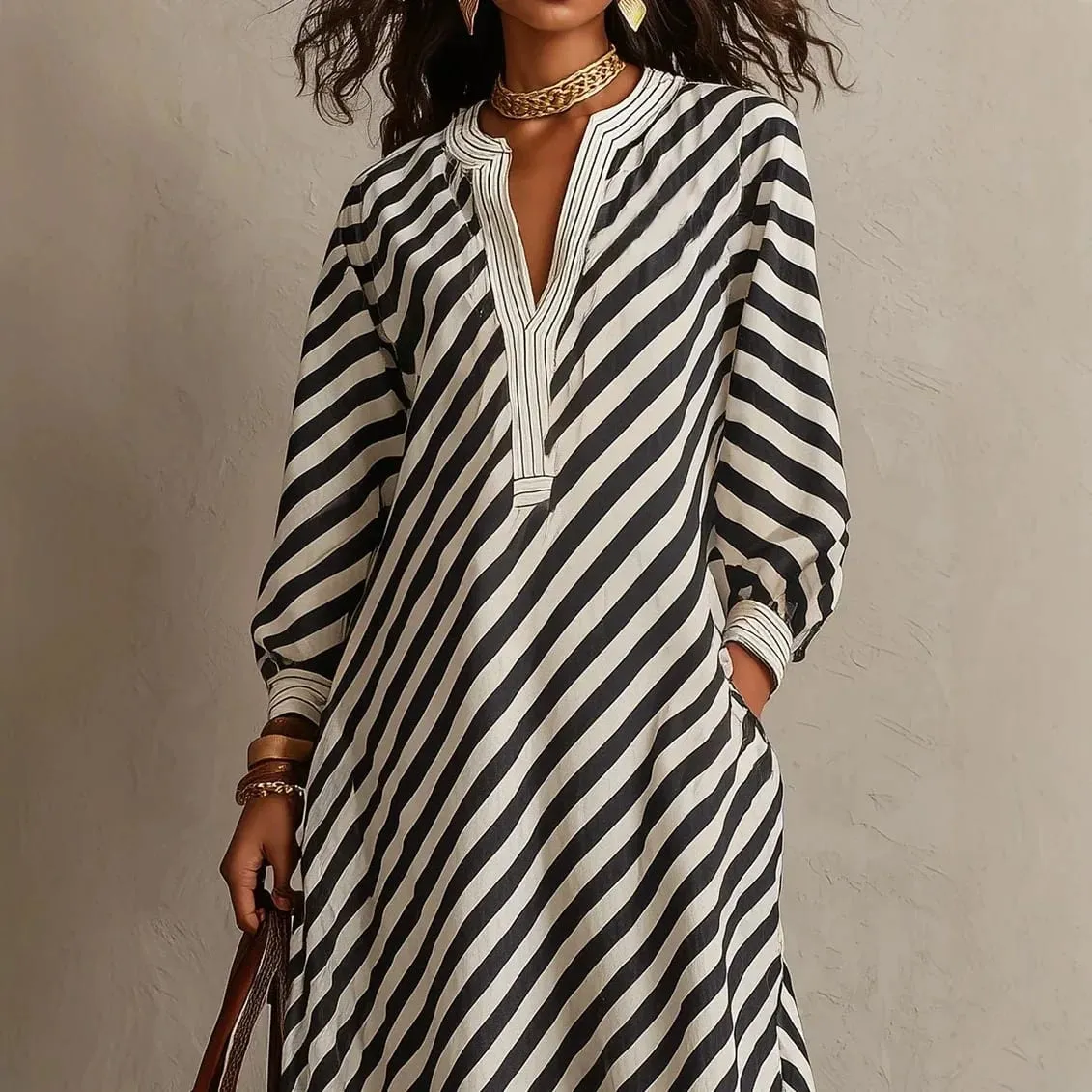 Fashion Stripe Print Maxi Dress 2026 Autumn Winter Women V‑Neck Long Sleeve Loose Casual Long Dresses Holiday Beach Boho Dress — image 2