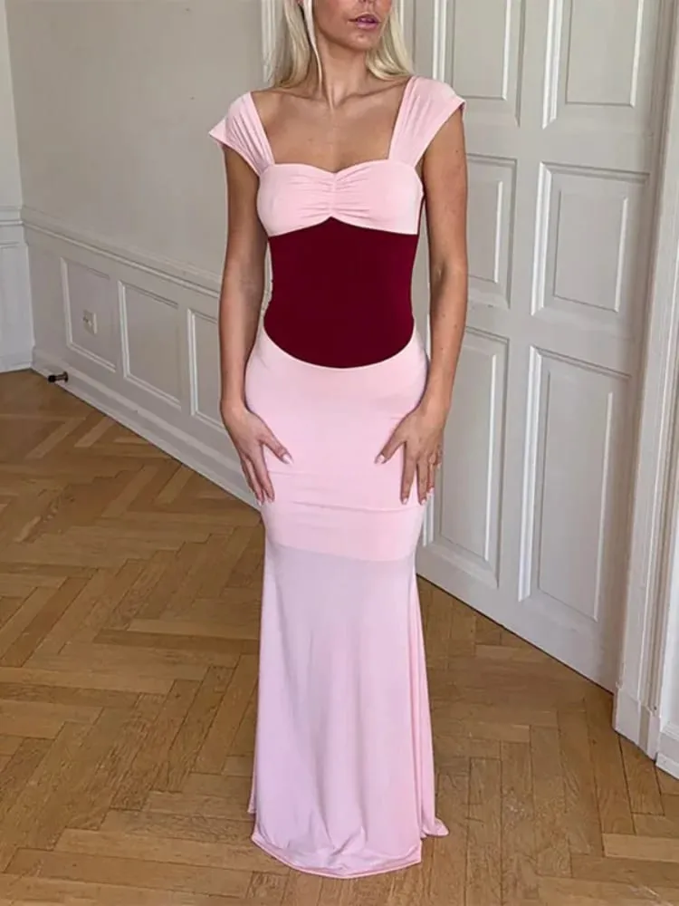 Women Sexy Color Blocking Halter Maxi Dresses Elegant Backless Off shoulder Sleeveless Slim Gowns 2026 New Lady Party Vestidos