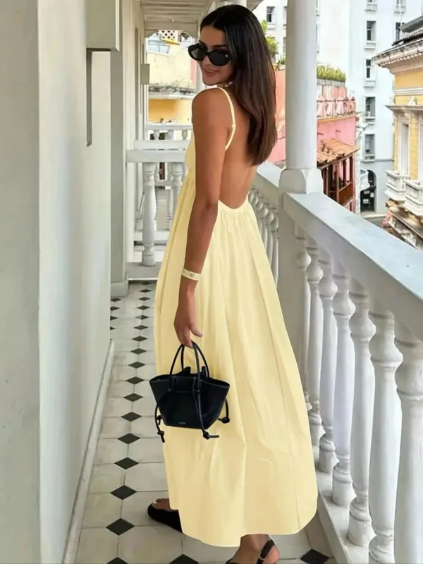 Women's Summer Vacation Solid Color Backless Thin Strap Dress