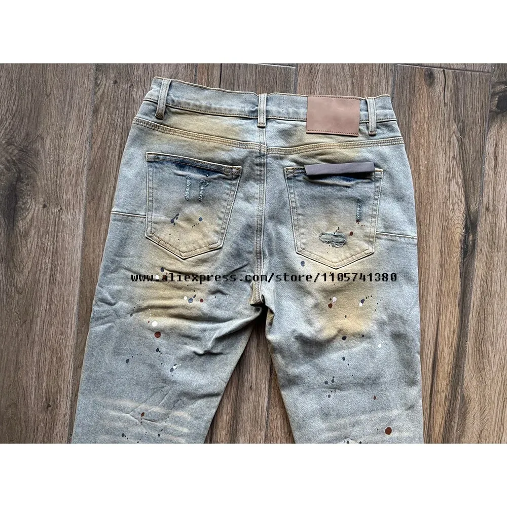 Men's High Street Distressed Washed Light Blue Graffiti Damaged Holes Stretch Skinny Button Fly Ripped Jeans Pants — image 6