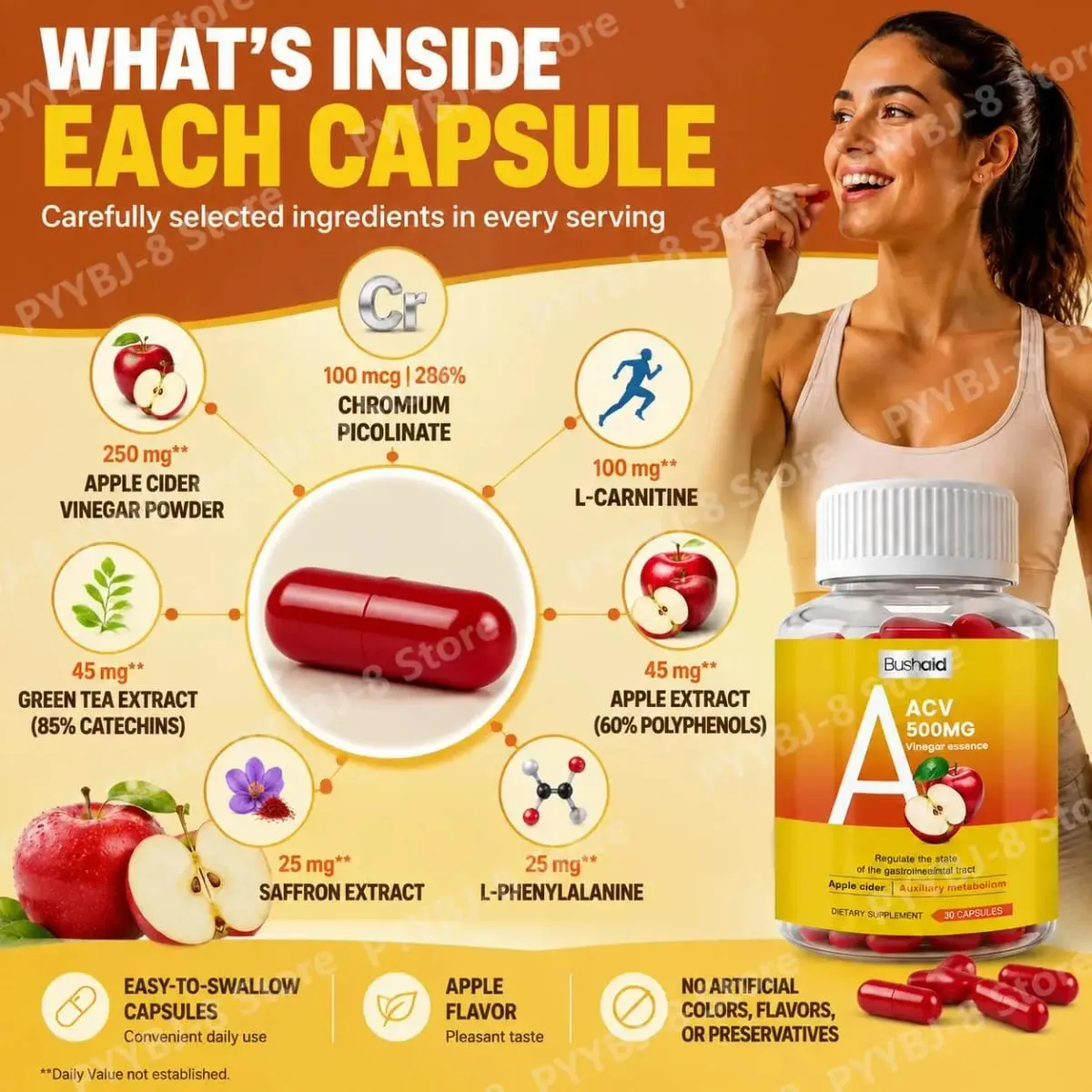 30 Capsules Apple Cider Vinegar with L-Carnitine Energy Maintenance Green Tea Extract (85% Catechins) for Health Support