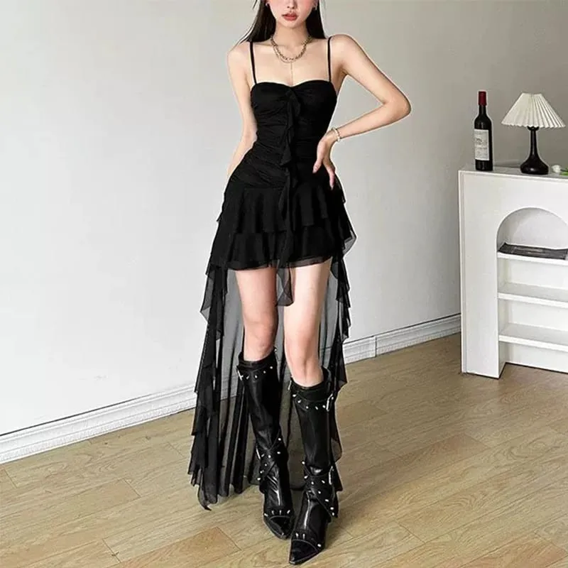 Fashion Sexy Spaghetti Strap Ruffle Irregular Bodycon Party Club Evening Dress Women Mesh Suspender Spring Summer Holiday Beach
