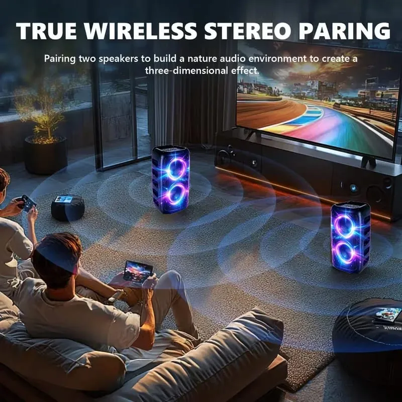 Профессиональный большой Bluetooth-динамик 9900 Гц с микрофоном. Портативный дизайн с сабвуфером. Светодиодная подсветка. Совместимость с функциями BT/USB/TF/AUX/FM/TWS/MIC/EQ. Профессиональное караоке. Идеальный подарок на день рождения, Рождество и Новый год — image 6