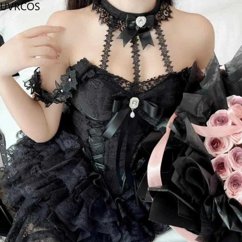 Japansk viktoriansk Sweet Lolita Klänning Kvinnor Harajuku Y2k Rosett Spets Halter Hals Kvällsfest Miniklänningar Kawaii Svart Röd Deess