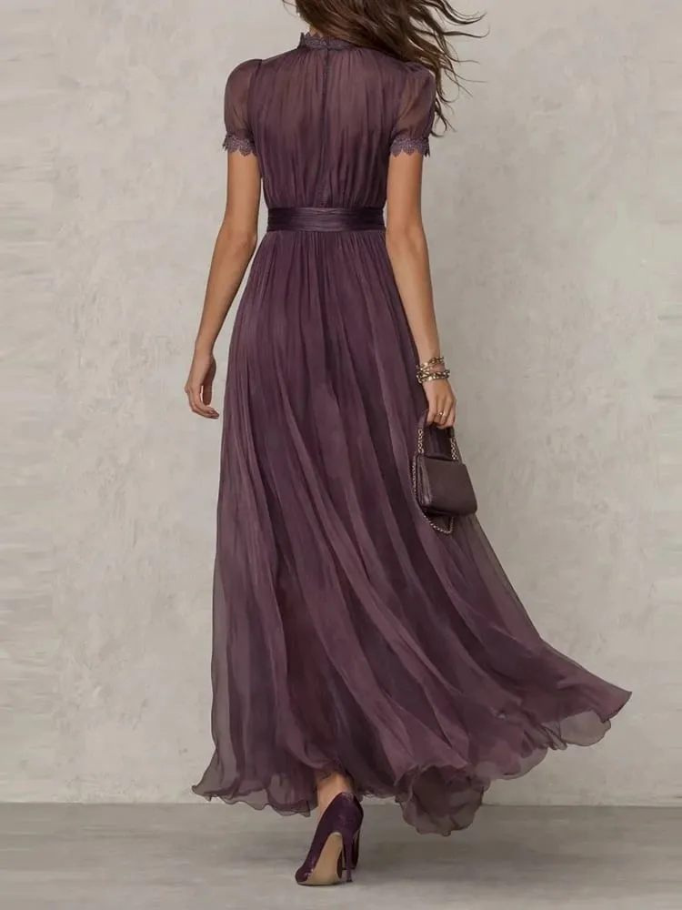 Vintage Solid Lace A-Line Long Dress Women's O Neck High Waist Pleated Party Dress Summer Short Sleeve Flowy Maxi Dresses — image 3