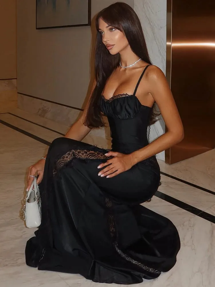 Mozision Spaghetti Strap Backless Sexy Maxi Dress Women Gown Lace Patchwork Sheer Sleeveless Bodycon Club Party Long Dress — image 5