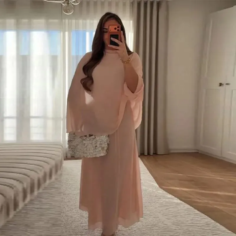 Minimalistyczne różowe szyfonowe sukienki ze stójką damskie modne Slim Fit warstwowe szalowe rękawy Vestido letnie wakacje na plaży codzienna suknia