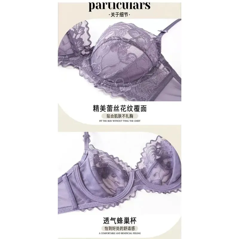 Everyday Lace Lingerie Ultra-thin Breathable Upper Support Anti-sag No Sponge Transparent Bra Set ladies Basic Underwear S-XL — image 3