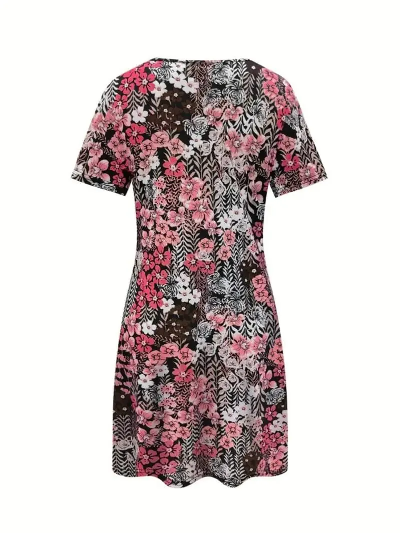 Fashionable Floral Dress Temperament round Neck Short Sleeve Loose Fit Women's Casual Dresses — image 3