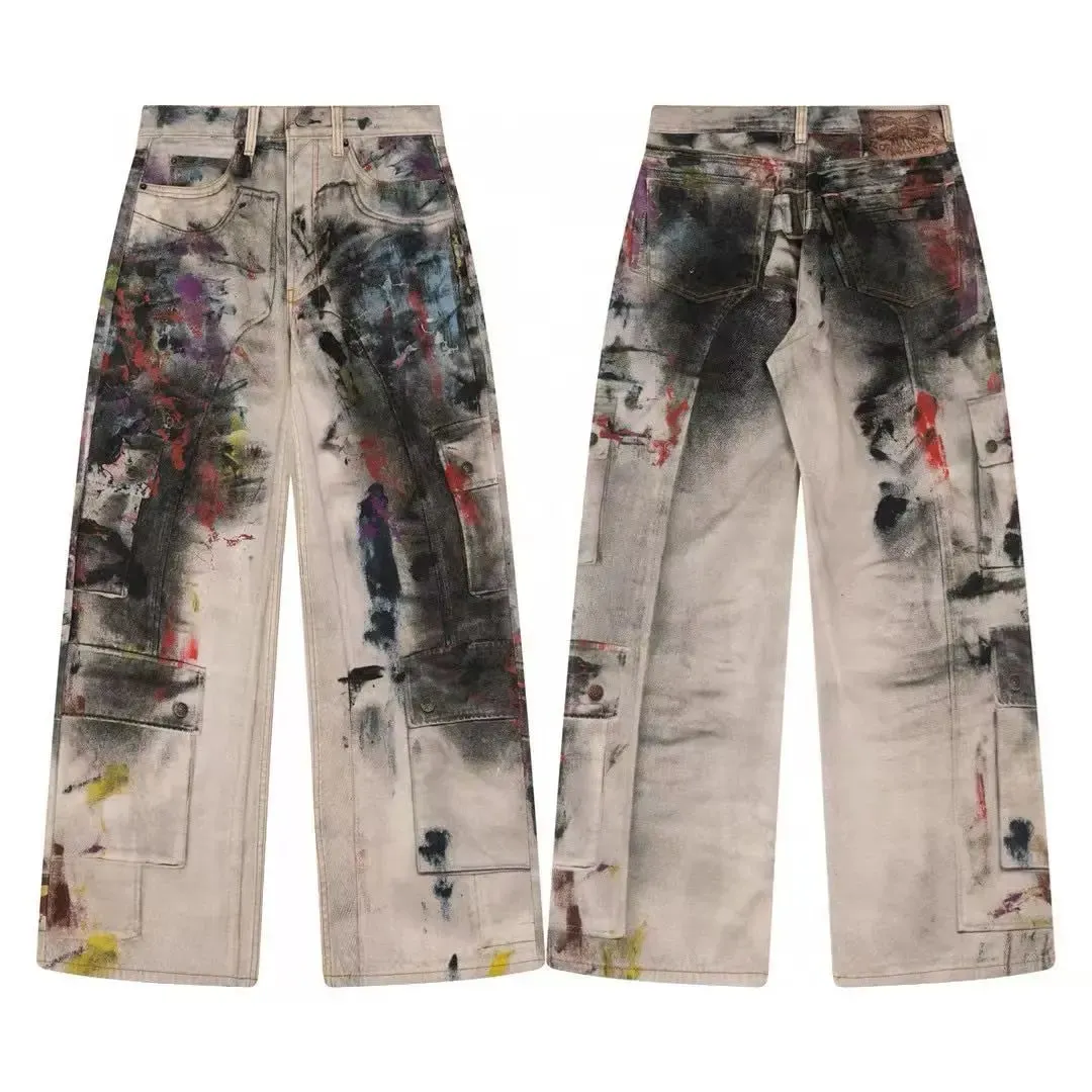 Y2K American New Mens Denim Pants Streetwear Hip Hop Tie Dye Jeans Fashion Harajuku Man Motorcycle Jeans Techwear Pantalon Homme — image 2