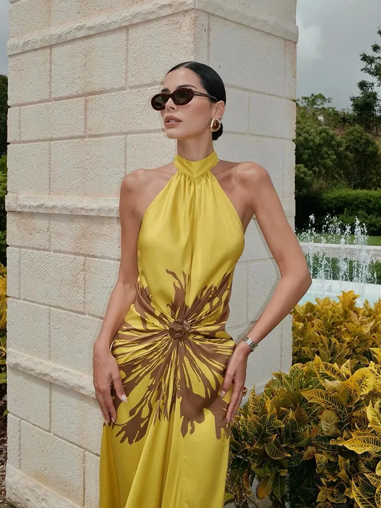 2026 Summer Printed Halter Maxi Dress Women Sleeveless Pleated Chic Satin Long Dresses Fashion Vacation Beach Party Lady Robe