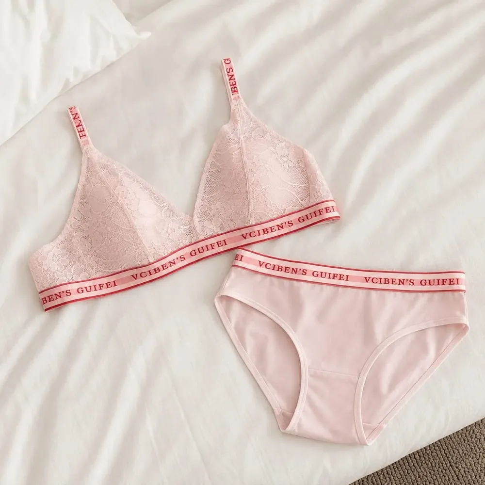 Breathable Letter Design Lingerie Set Deep V Lace Women Underwear Suit Wireless Color Blocking Bra Panties Set Girl — image 3