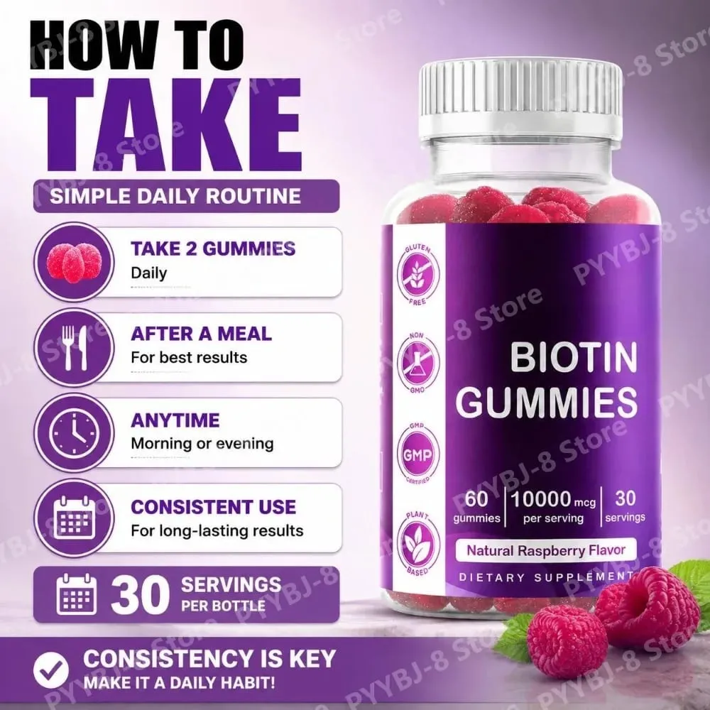 Biotin Gummies with Vitamin Vegan Gluten Free Soy Free Natural Raspberry Flavor Support Hair Nail and Skin Health 60 Gummies