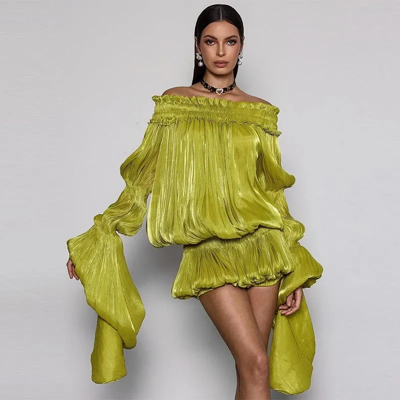 Chic Lime Green Off Shoulder Mini Dress Oversized Flare Sleeve Shiny Smocked Waist Bubble Hem Skirt Sexy Party Date Wear New