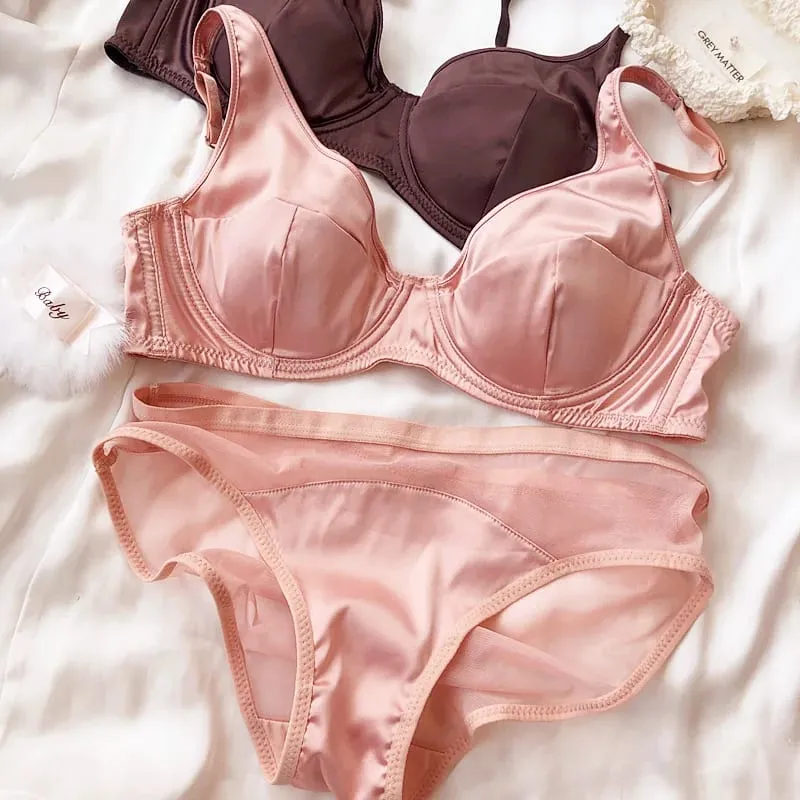 Vrouwen Ijs Zijde Comfort Ondergoed Sexy Kleine Borst Push Up Bh Set Afneembare Padding Dunne Cup Beha Intimates Slipje Set