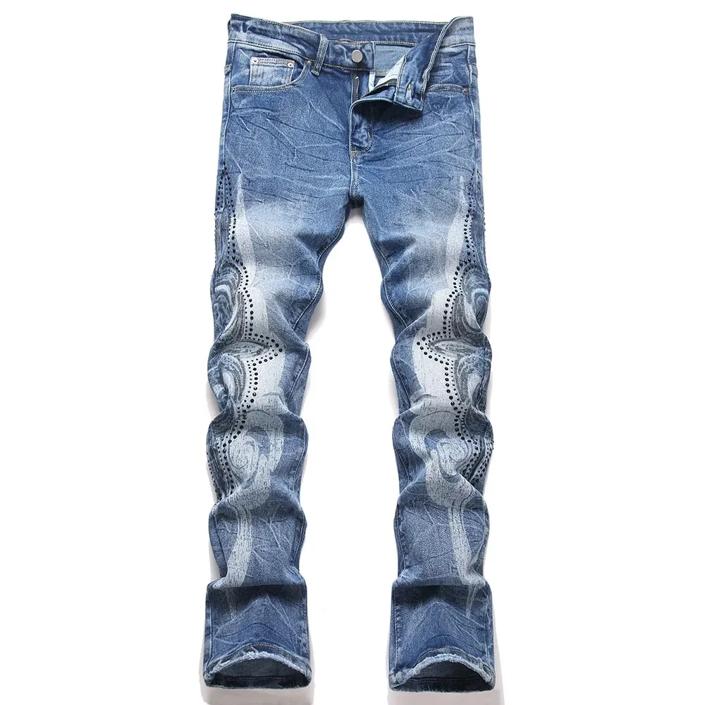 Men's Boot Cut Denim Jeans Streetwear Rivet Crystal Rhinestone Printed Pants Slim Flared Blue Stretch Trousers