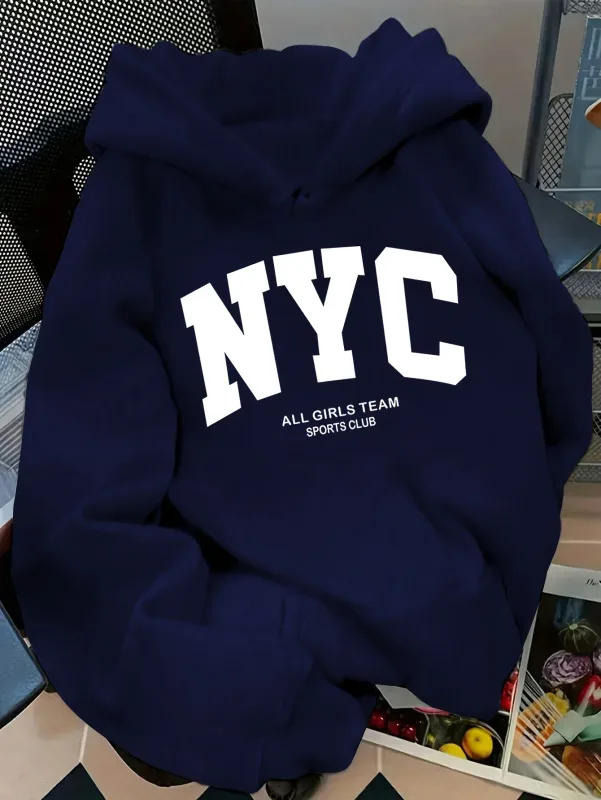 Hoodie Tim New York Biru Laut Nyaman Musim Gugur/Musim Dingin Baru - Pullover Kasual Hoodie Gaya Jalanan Pasangan Lengan Panjang dengan POC — image 4